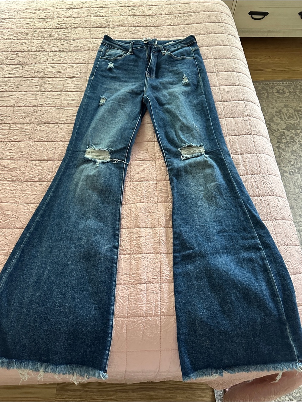 High-Rise Dark Blue Distressed Flare Jeans